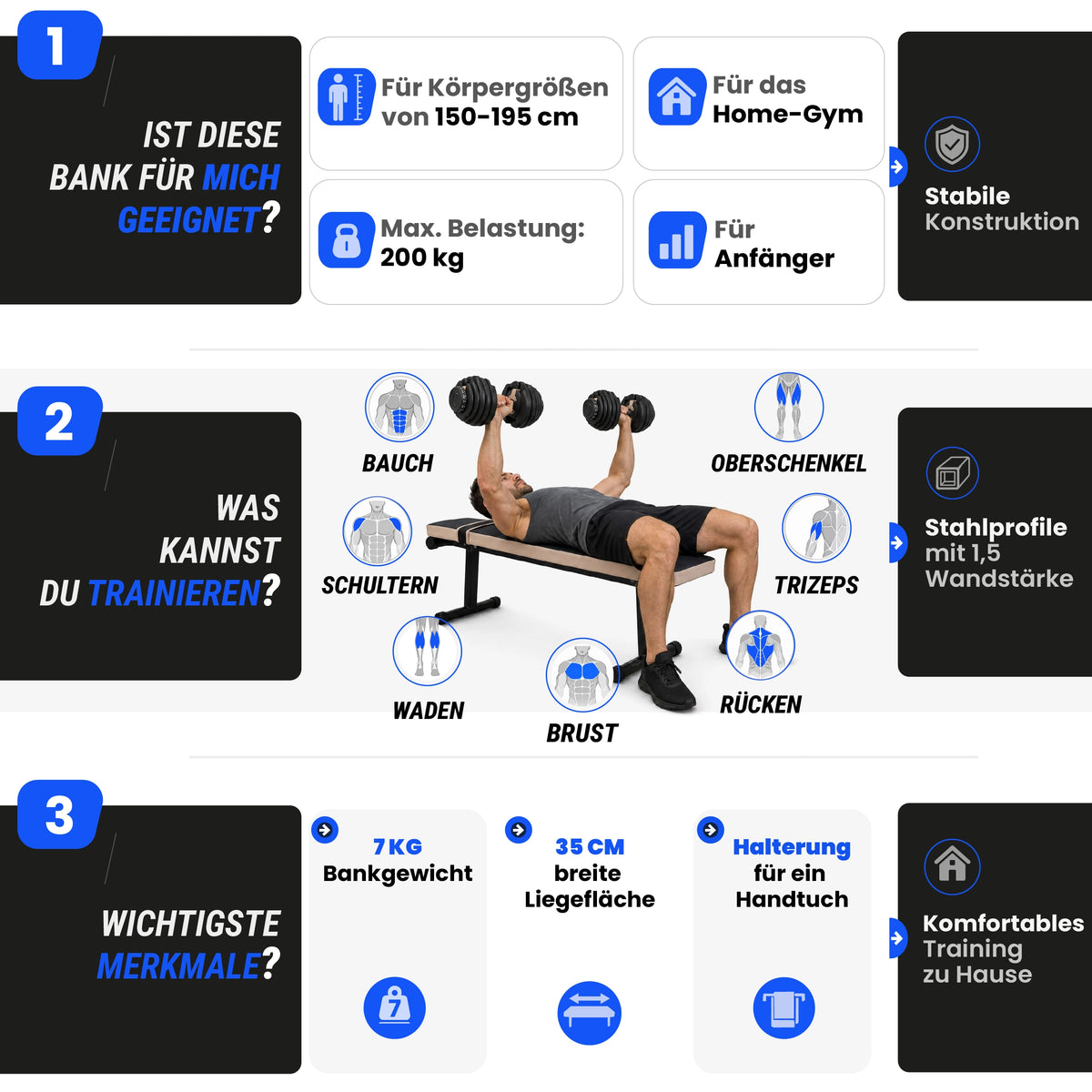 URBOGYM CQ-001 klappbare Hantelbank – Flachbank bis 200 kg