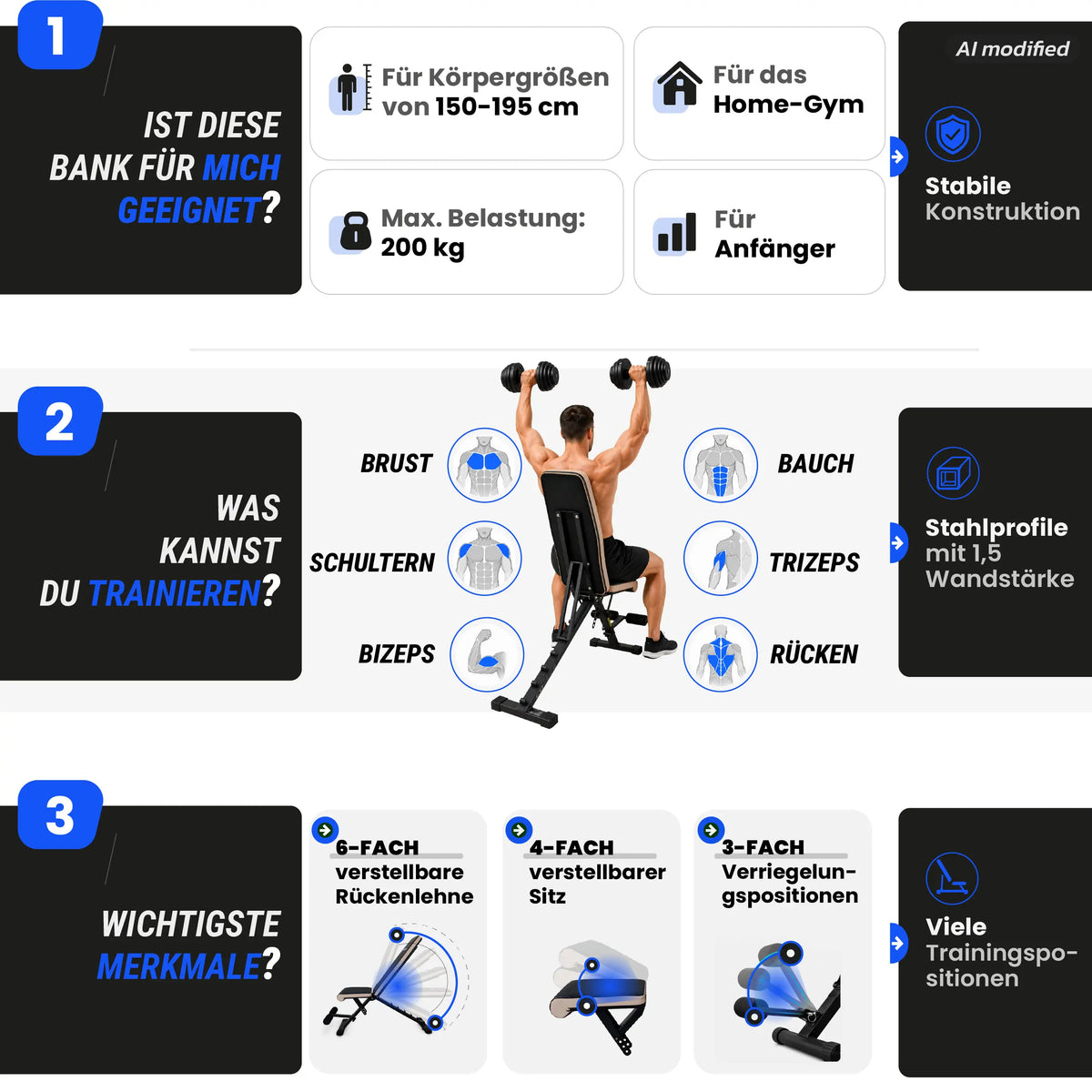 URBOGYM CQ-643 - Verstellbare und klappbare Hantelbank Flachbank bis 200 kg