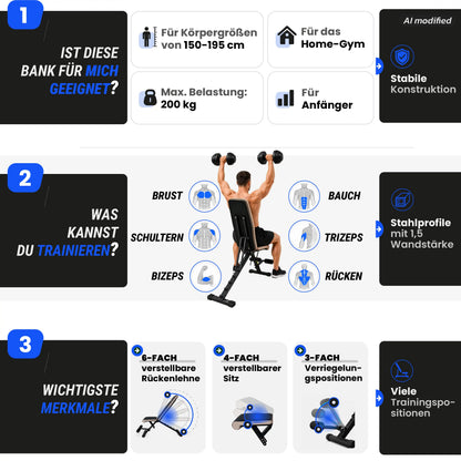 URBOGYM CQ-643 - Verstellbare und klappbare Hantelbank Flachbank bis 200 kg