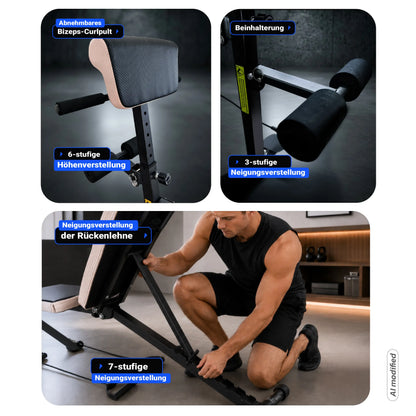 URBOGYM CQ-703EP – Verstellbare und klappbare Hantelbank mit Expandern bis 200 kg