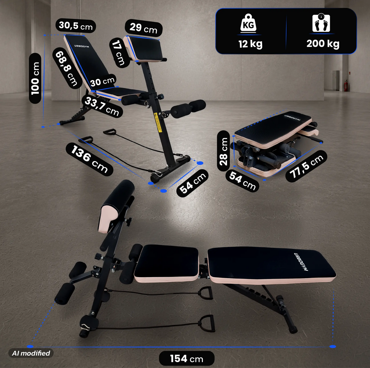 URBOGYM CQ-703EP – Verstellbare und klappbare Hantelbank mit Expandern bis 200 kg