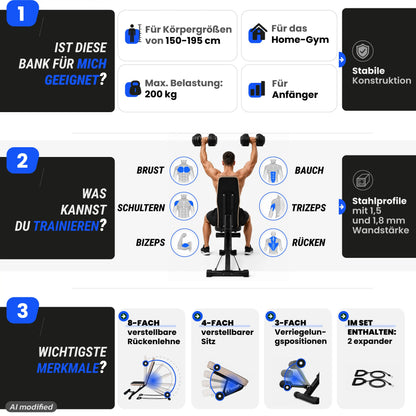 URBOGYM CQ-843E – Verstellbare und klappbare Hantelbank mit Expandern bis 200 kg