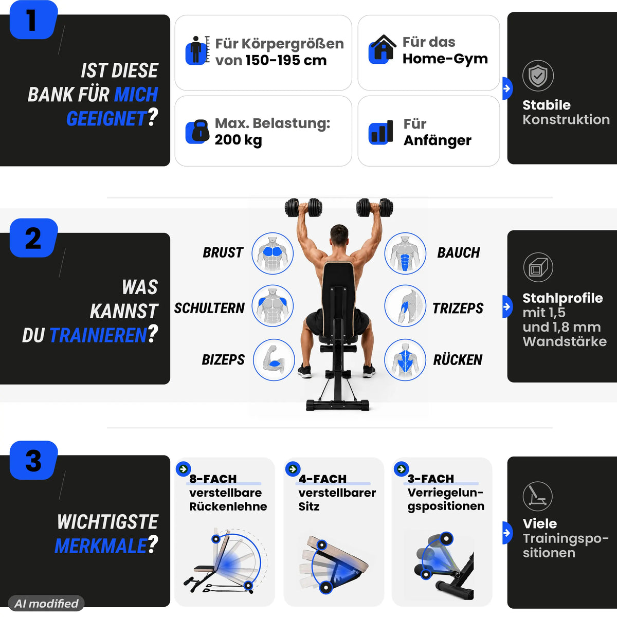 URBOGYM CQ-843 - Verstellbare und klappbare Hantelbank bis 200 kg