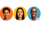 Three diverse people (one woman with short curly black hair, one smiling Asian woman with long straight hair, one man with glasses and shaved head) shown in a row, each in a circular portrait with vibrant background colors (orange, yellow, blue). A green dot appears near the third person to indicate online status. The image should have no background (transparent background).