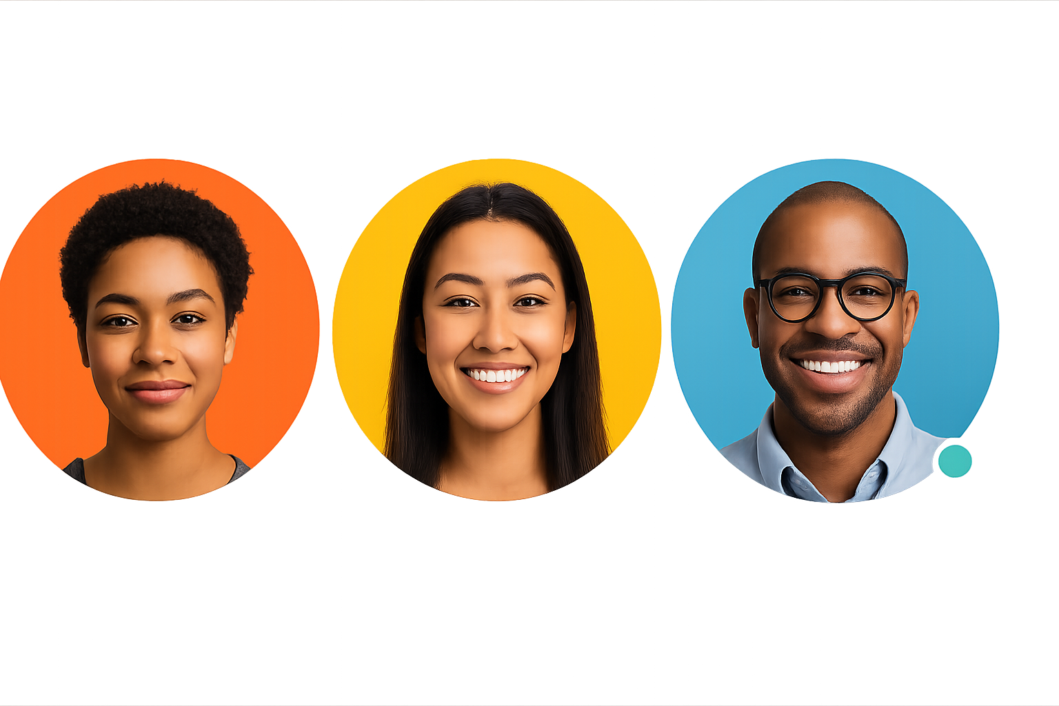 Three diverse people (one woman with short curly black hair, one smiling Asian woman with long straight hair, one man with glasses and shaved head) shown in a row, each in a circular portrait with vibrant background colors (orange, yellow, blue). A green dot appears near the third person to indicate online status. The image should have no background (transparent background).